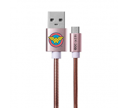 Cablu Date si Incarcare USB la MicroUSB DC Comics Metal Wonder Woman 002, 1 m, Roz Auriu, Blister 