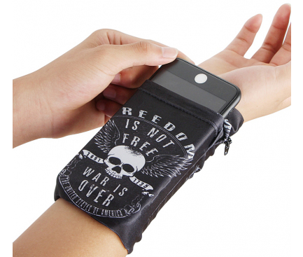 Husa OEM Wrist Pack White Skull pentru Telefon 5.5 inci, Dimensiuni interioare 150 x 70 mm, Neagra Alba