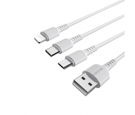 Cablu Incarcare USB la Lightning - USB la MicroUSB - USB la USB Type-C Borofone BX16, 1 m, Alb