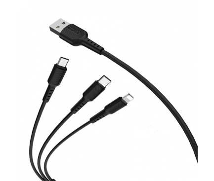 Cablu Incarcare USB la Lightning / MicroUSB / USB Type-C Borofone BX16 Easy, 1 m, Negru