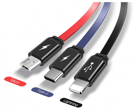 Cablu Incarcare USB la Lightning - USB la MicroUSB - USB la USB Type-C Totu Design Conch Retractabil, 1m, Multicolor, Blister 