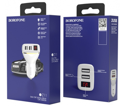 Incarcator Auto USB Borofone BZ11 Speed Map, 2.1A, Afisaj Led, Fast Charging, 2 X USB, Alb