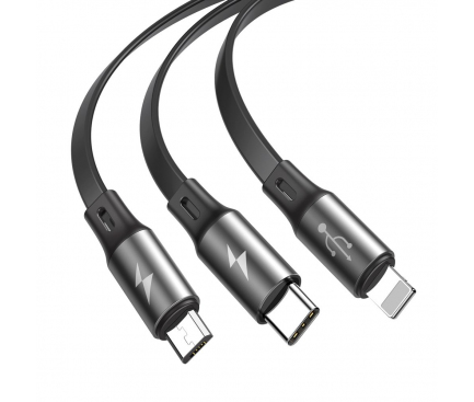 Cablu Incarcare USB la Lightning - USB la MicroUSB - USB la USB Type-C Baseus Fabric, Retractabil, 1.2 m, Gri, Blister CAMLT-BYG1 