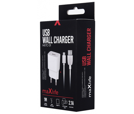 Incarcator Retea cu cablu USB Tip-C MaXlife MXTC-01, 2.1A, 1 X USB, Alb, Blister 