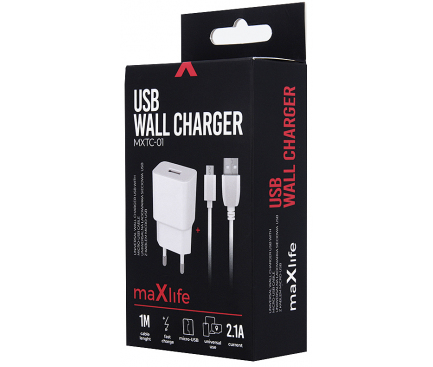 Incarcator Retea Cu Cablu microUSB MaXlife MXTC-01, 10.5W, 2.1A, 1 x USB-A, Alb