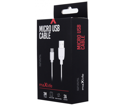 Cablu Date si Incarcare USB la MicroUSB MaXlife 2A, 3 m, Alb, Blister 