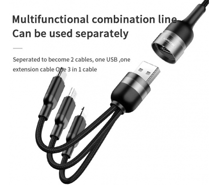 Cablu Date si Incarcare USB la Lightning - USB la MicroUSB - USB la USB Type-C Joyroom S-M401, 3 in 1, 3.5A, 1.2 m, Negru, Blister 