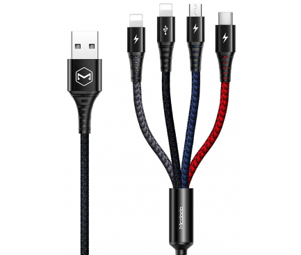 Cablu Date si Incarcare USB la Lightning x 2 - USB la MicroUSB - USB la USB Type-C McDodo CA-6230, Armor Series, 4 in 1, 1.2 m, Negru