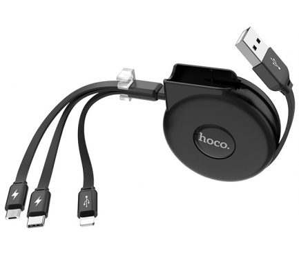Cablu USB la Lightning - USB la MicroUSB - USB la USB Type-C HOCO U50, Retractabil, 1 m, Negru, Blister 