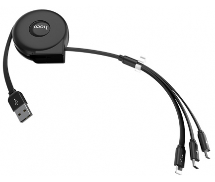 Cablu USB la Lightning - USB la MicroUSB - USB la USB Type-C HOCO U50, Retractabil, 1 m, Negru, Blister 