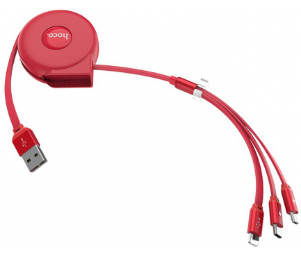 Cablu Date si Incarcare USB la Lightning - USB la MicroUSB - USB la USB Type-C HOCO U50, Retractabil, 1 m, Rosu, Blister 