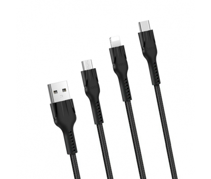 Cablu Incarcare USB-A - Lightning / microUSB / USB-C HOCO U31 Benay, 18W, 1.2m, Negru