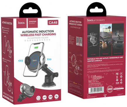 Incarcator Auto Wireless HOCO CA48 Air Outlet, Quick Charge, 15W, Senzor IR, Negru Argintiu, Blister