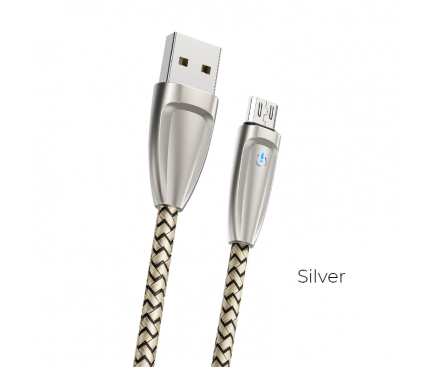 Cablu Date si Incarcare USB la MicroUSB Borofone BlinkJet BU3, Led Stare, 2.4A, 1.2 m, Argintiu