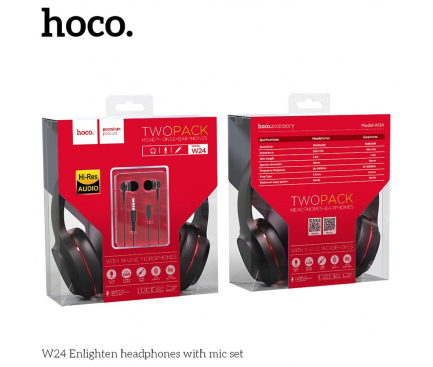 Set Handsfree Casti On-Ear + In-Ear HOCO W24, Cu microfon, 3.5 mm, Negru Rosu
