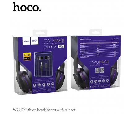 Set Handsfree Casti On-Ear + In-Ear HOCO W24, Cu microfon, 3.5 mm, Negru - Mov