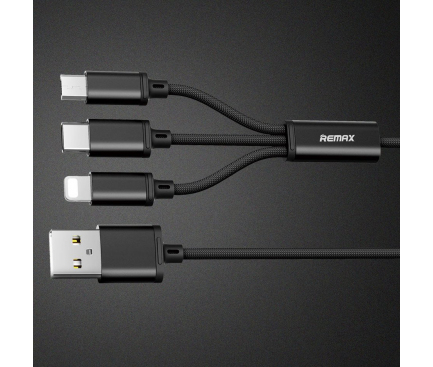 Cablu Incarcare USB la Lightning - USB la MicroUSB - USB la USB Type-C Remax Gition RC-131th, 3in1, 2.8A, 1.15 m, Negru