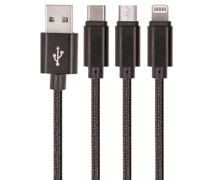 Cablu Incarcare USB la Lightning - USB la MicroUSB - USB la USB Type-C Setty, 2A, 1 m, Negru, Blister 