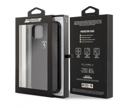 Husa Plastic Ferrari Carbon Heritage pentru Apple iPhone 11 Pro Max, Neagra FEHCAHCN65BK