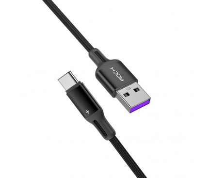 Cablu Date si Incarcare USB la USB Type-C Rock R2 5A, Fast Charging, 1 m, Negru, Blister 