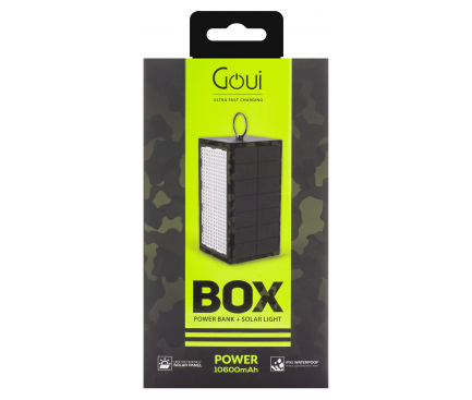 Baterie Externa Powerbank Goui Box, 10600 mA, Waterproof, 1 x USB, Cu panou fotovoltaic si led-uri, Neagra G-SOLARLIGHT-CAM