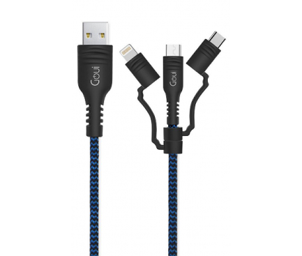 Cablu Date si Incarcare USB-A - Lightning / microUSB / USB-C Goui Tough, 18W, 1.5m, Bleumarin G-3IN1-15M