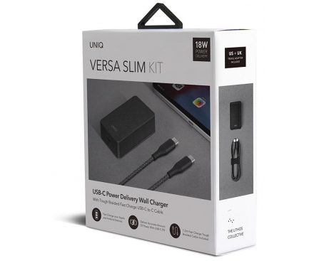 Incarcator Retea cu cablu USB Tip-C UNIQ Versa Slim, Quick Charge PD, 18W, 1 X USB Tip-C, Negru