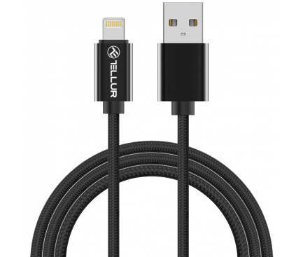 Cablu Date si Incarcare USB la Lightning Tellur Braid, 2 m, Negru, Blister TLL155303 