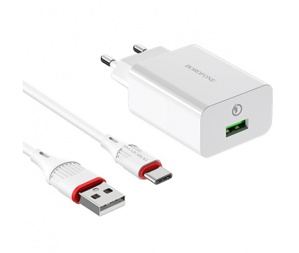 Incarcator Retea cu cablu USB Type-C Borofone BA21A Long Journey, QC 3.0, Smart ID, 18W, 1 x USB, Alb