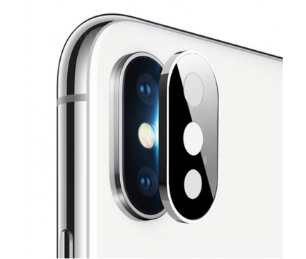 Folie Protectie Camera spate OEM pentru Apple iPhone XS, Sticla securizata, Full Cover, Titanium cu Rama metalica, Argintie, Blister 