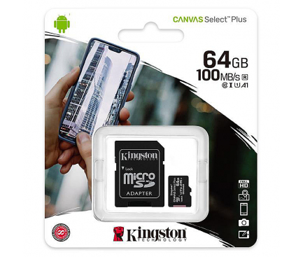 Card Memorie MicroSDXC Kingston Canvas Select Plus Android A1, cu adaptor, 64Gb, Clasa 10 - UHS-1 U1 SDCS2/64GB