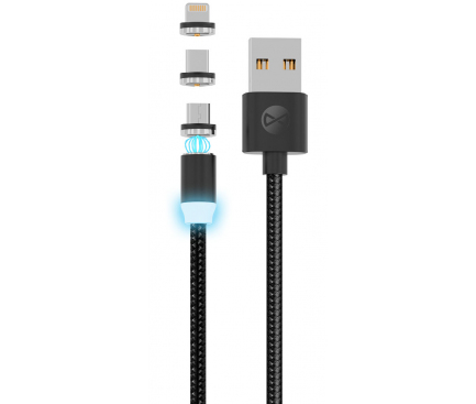 Cablu Incarcare USB la Lightning - USB la MicroUSB - USB la USB Type-C Forever 3in1, Magnetic, Led, 2.5A, 1 m, Negru