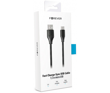 Cablu Date si Incarcare USB la MicroUSB Forever Core Classic, 3A, 1.5 m, Negru