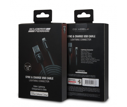 Cablu Date si Incarcare USB la Lightning Ferrari MFI Nylon, 1.5 m, Gri FETCNYDG