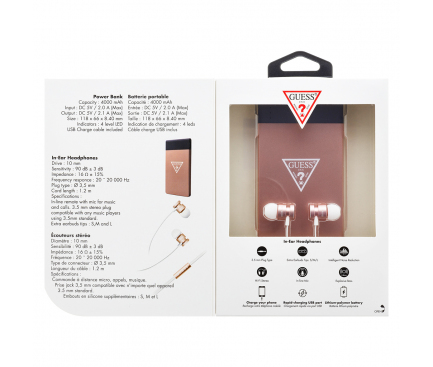 Pachet promotional Guess Bundle Pack, Handsfree Casti In-Ear 3.5 mm + PowerBank 4000 mA, Roz - Auriu GUBPERPBTRG