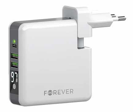 Baterie Externa Wireless Forever Core Travel, 6700mAh, 15W, QC + PD, 1 x USB-C - 2 x USB-A, Alba