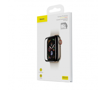 Folie Protectie Ecran Baseus pentru Apple Watch Series 4 / 5 / 6 / SE 44mm, Plastic, Full Face, 0.2mm, Neagra, Blister SGAPWA4-H01 