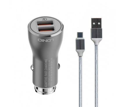 Incarcator Auto cu cablu USB Tip-C Ldnio C407Q, 3A, Quick Charge 3.0, 2 X USB, Argintiu, Blister 