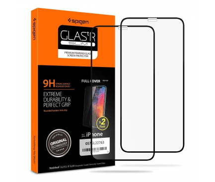 Folie Protectie Ecran Spigen pentru Apple iPhone 11 Pro, Sticla securizata, Full Face, Full Glue, 9H, Set 2 buc, Neagra