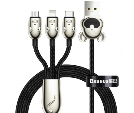 Cablu Date si Incarcare USB la Lightning - USB la MicroUSB - USB la USB Type-C Baseus Three Mouse 3in1, 3,5A, 1.2 m, Negru, Blister CAMLT-MU01 