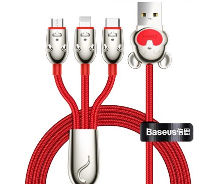Cablu Date si Incarcare USB la Lightning - USB la MicroUSB - USB la USB Type-C Baseus Three Mouse 3in1, 3,5A, 1.2 m, Rosu CAMLT-MU09