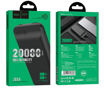 Baterie Externa Powerbank HOCO New Joy J52A, 20000 mA, 2 x USB, Neagra