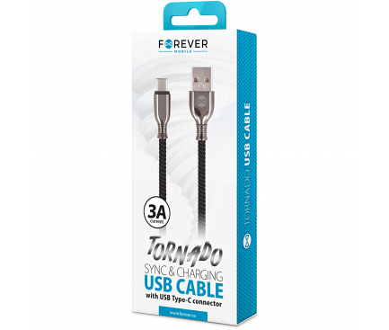 Cablu Date si Incarcare USB la USB Type-C Forever Core Tornado, 3A, 1 m, Negru
