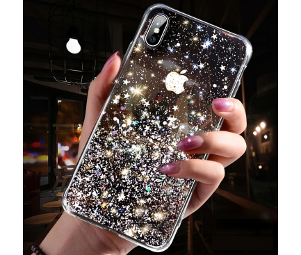 Husa TPU WZK Star Glitter Shining pentru Apple iPhone XR, Neagra, Blister 