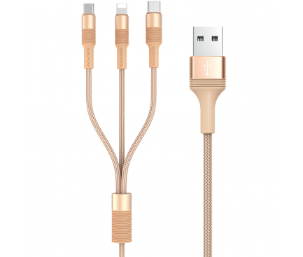 Cablu Incarcare USB la Lightning - USB la MicroUSB - USB la USB Type-C Borofone BX21, 3-in-1 Outstanding, 1 m, Auriu