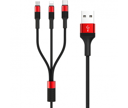 Cablu Date si Incarcare USB la Lightning - USB la MicroUSB - USB la USB Type-C Borofone BX21, 3-in-1 Outstanding, 1 m, Rosu, Blister 