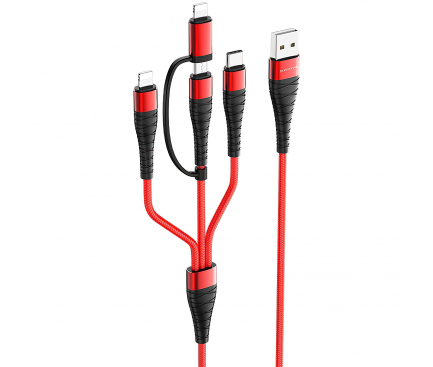Cablu Date si Incarcare 2xUSB la Lightning - USB la MicroUSB - USB la USB Type-C Borofone BX32 Munificent 4-in-1, 1 m, Rosu, Blister 