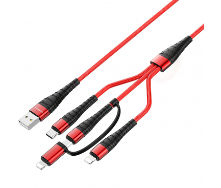 Cablu Date si Incarcare 2xUSB la Lightning - USB la MicroUSB - USB la USB Type-C Borofone BX32 Munificent 4-in-1, 1 m, Rosu, Blister 