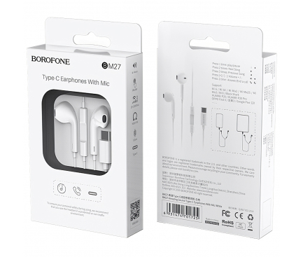 Handsfree Casti EarBuds Borofone BM27 Amazing Sound, Cu microfon, USB Type-C, Alb