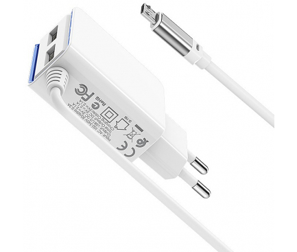 Incarcator Retea cu cablu MicroUSB Borofone BA35A Brilliant 2.1A, 2 X USB, Alb, Blister 